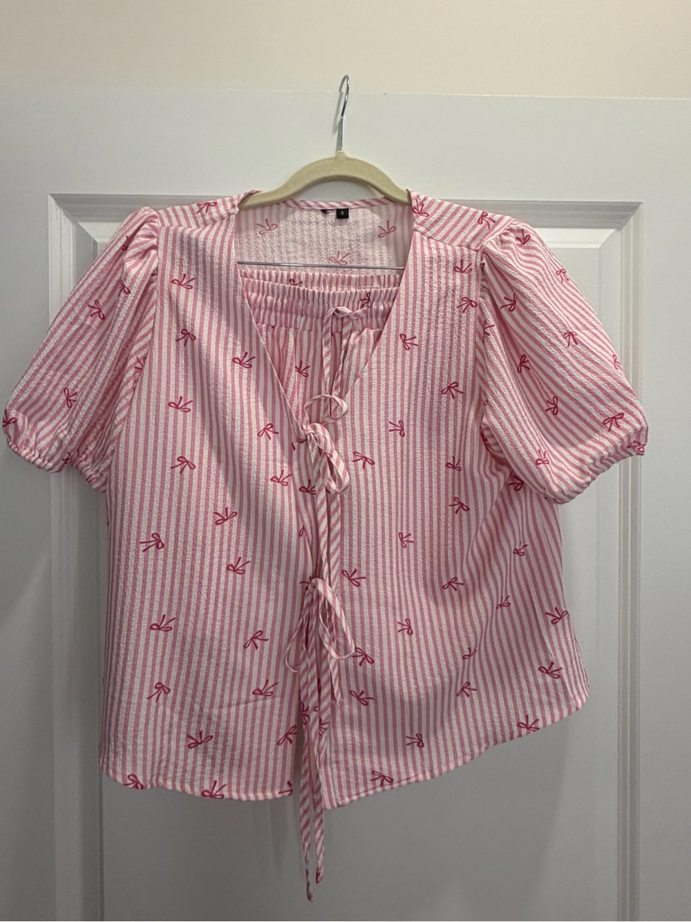 Pink Striped Tie-Front Puff Sleeve Top and short set